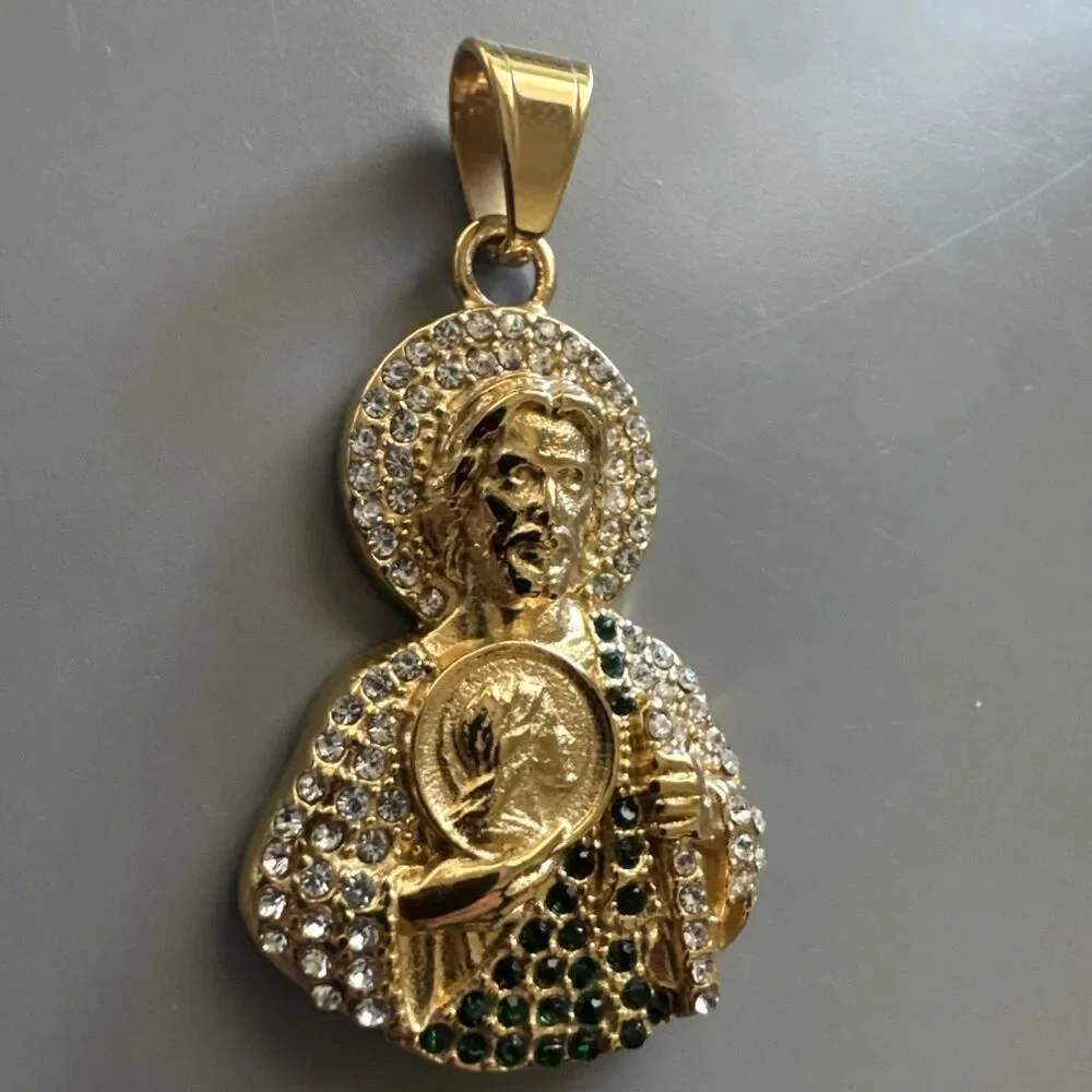 Saint Jude Thaddeus Pendant Gold Stainless Steel 24” Chain Jesus Cubic Zirconia